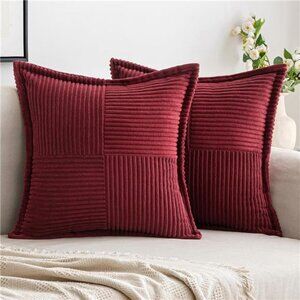 Set of 2 Burgundy Corduroy Pillow Covers, 18x18 Boho Striped Decorative Cushions